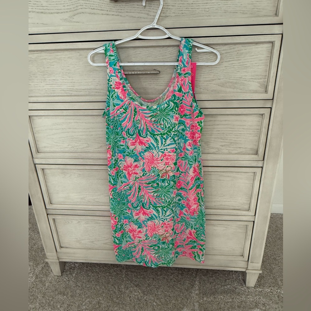 New Lilly Pulitzer Newberry Tank Dress in Almafi blue leaf fit wild print